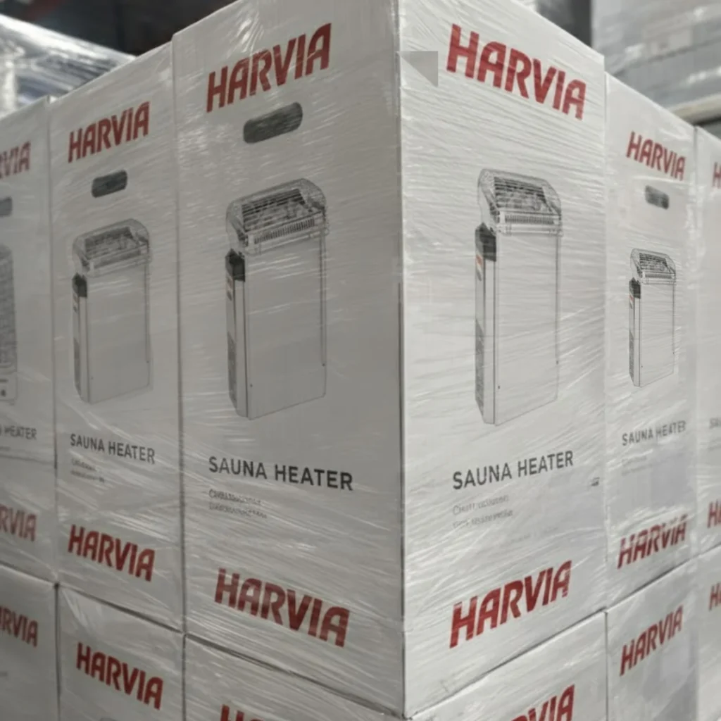 Harvia Topclass KV45 electric sauna heaters packaged and ready for shipping