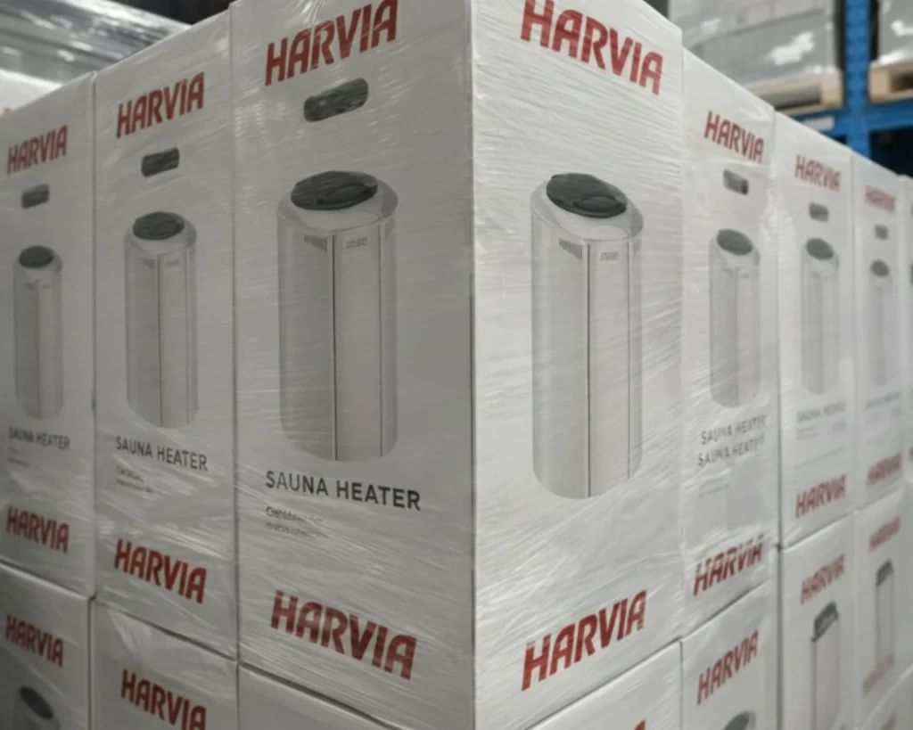 Harvia Forte AF100 electric sauna heaters packaged and ready for shipping