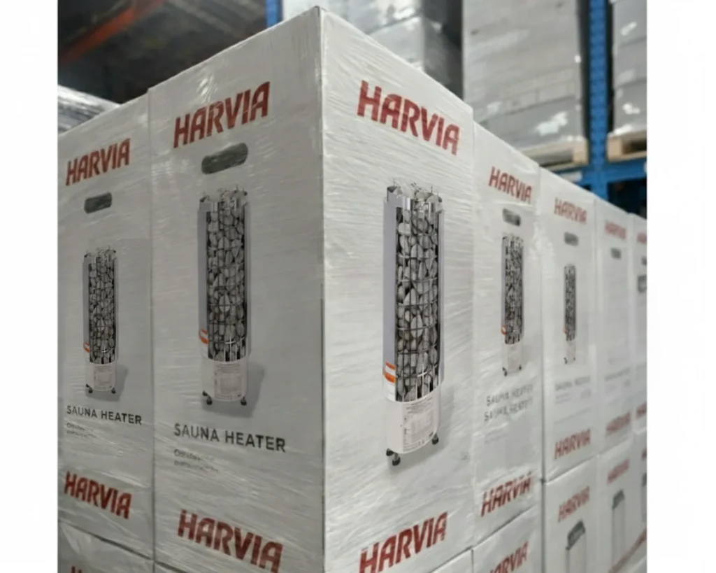 Harvia cilindro E electric sauna heaters packaged and ready for shipping