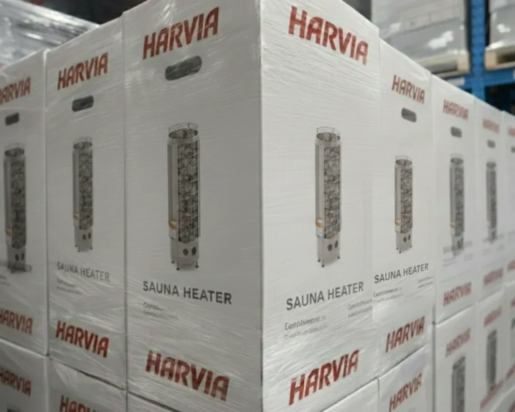 Harvia cilindro electric sauna heaters packaged and ready for shipping