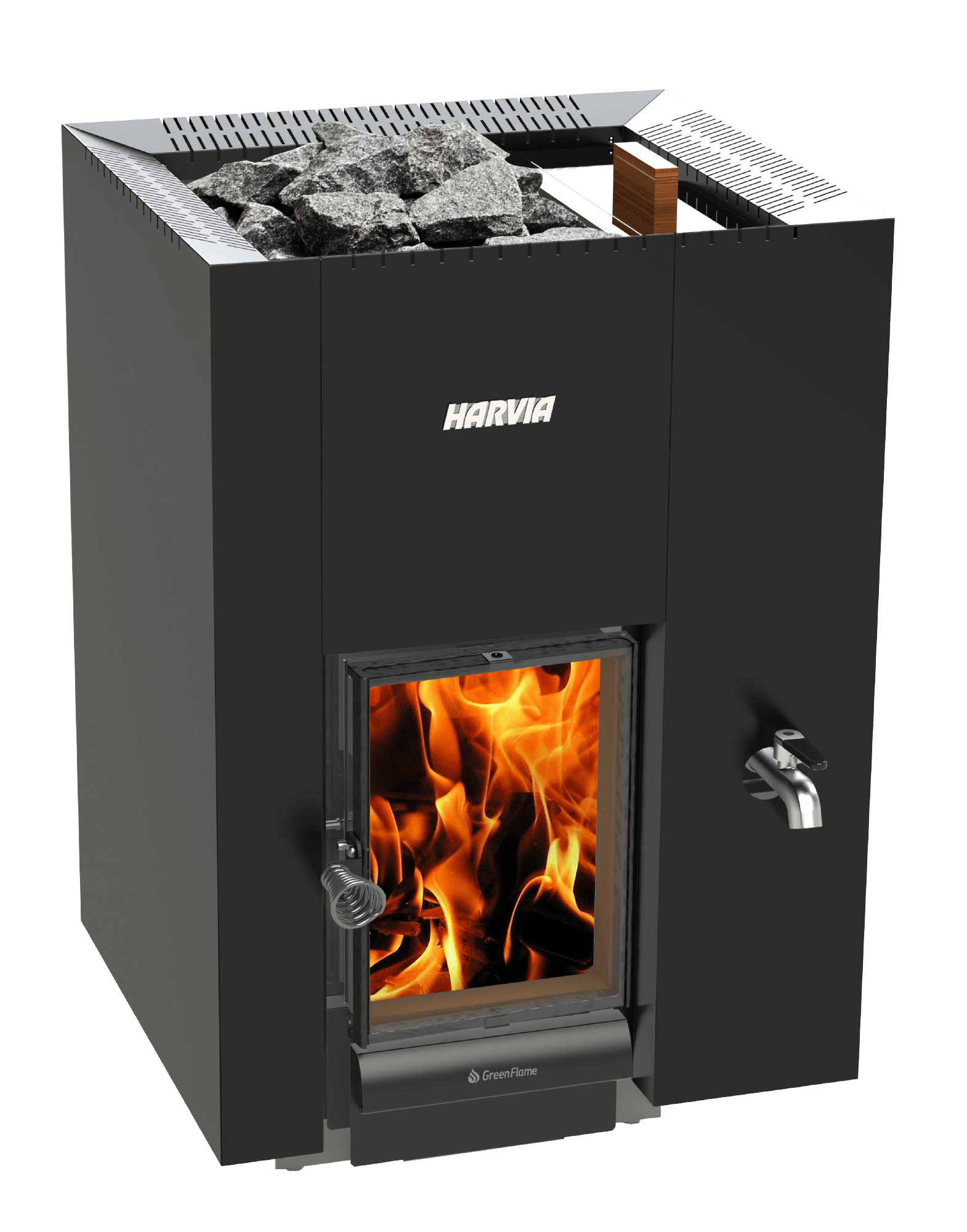 Harvia_Linear_22_GreenFlame_RS_Black_Woodburning_Sauna_Stove