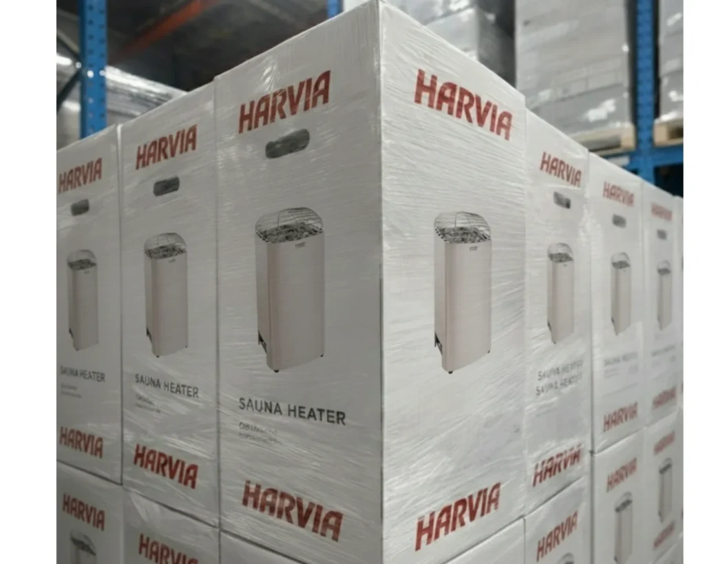 Harvia Club electric sauna heaters packaged and ready for shipping