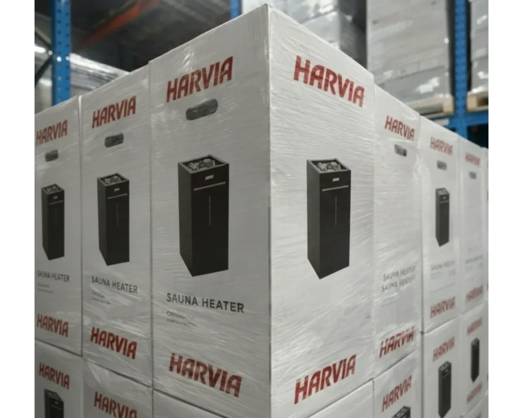 Harvia Virta Combi electric sauna heaters packaged and ready for shipping