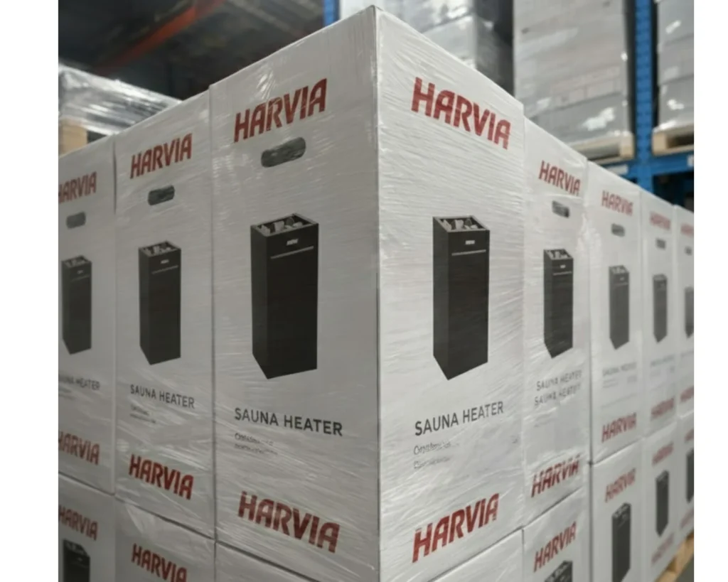 Harvia Virta electric sauna heaters packaged and ready for shipping