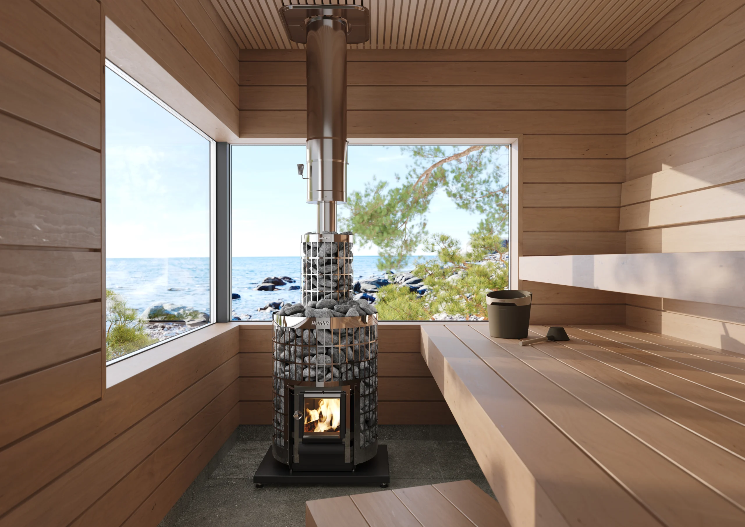 Wood burning sauna stove with a fire visible through the stove door