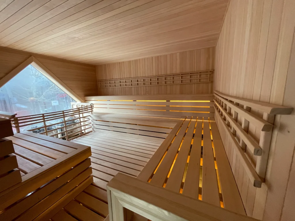 Custom sauna with backrests and lit bench under triangular window